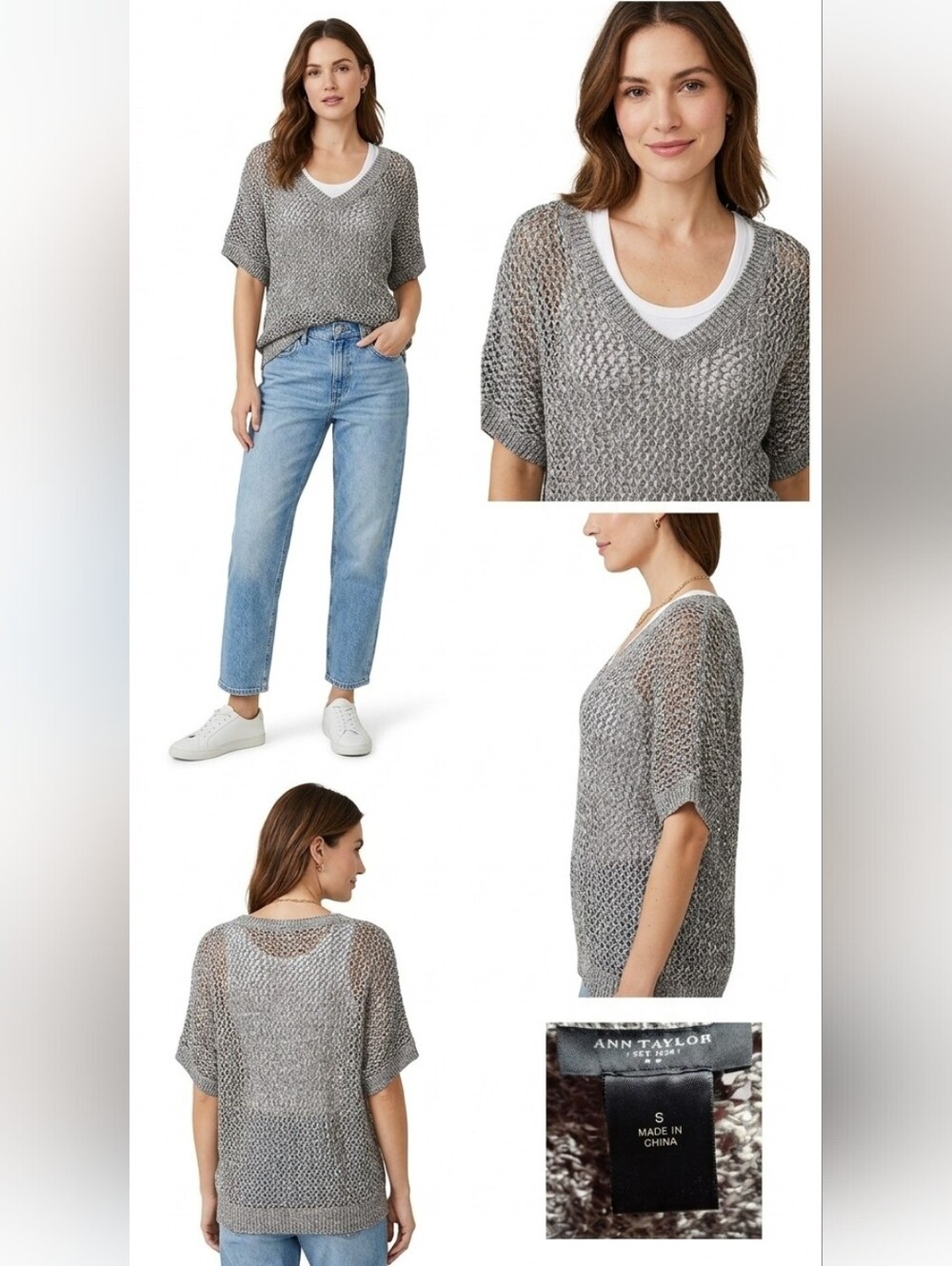 Ann Taylor Gray Open Knit V-Neck Sweater Short Sleeve Cozy Cotton Blend Size S